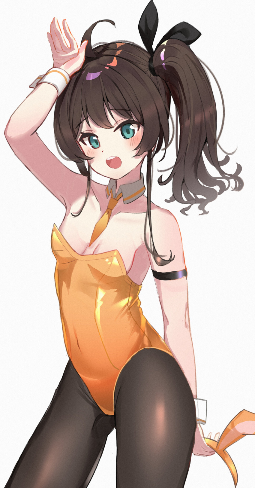 1girl absurdres ahoge animal_ears aqua_eyes arm_above_head arm_strap bangs bare_shoulders black_ribbon blush bow breasts breasts_apart brown_hair collar collarbone covered_navel cowboy_shot detached_collar dunggeul_dunggeul fake_animal_ears hair_ribbon hand_up highres holding hololive leotard looking_at_viewer medium_hair natsuiro_matsuri necktie open_mouth orange_leotard oversized_breast_cup pantyhose rabbit_ears ribbon side_ponytail simple_background small_breasts solo strapless strapless_leotard virtual_youtuber white_background white_collar wrist_cuffs
