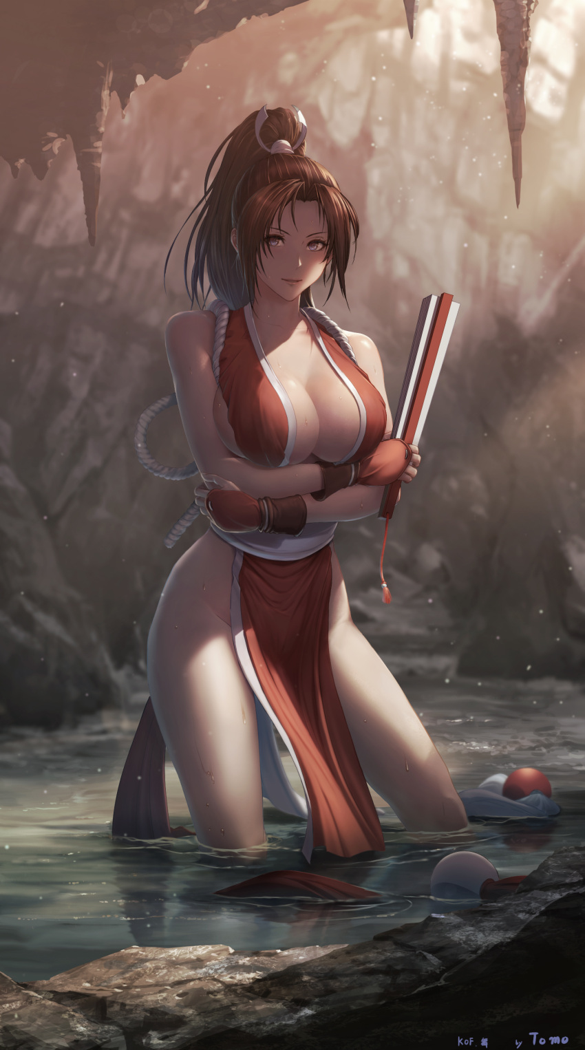 1girl absurdres bare_shoulders breasts brown_eyes brown_hair cleavage closed_mouth fatal_fury folded_fan folding_fan hand_fan high_ponytail highres japanese_clothes long_hair looking_at_viewer medium_breasts ninja outdoors partially_submerged pelvic_curtain ponytail revealing_clothes rope shiranui_mai smile solo the_king_of_fighters tomo_eokaiteru