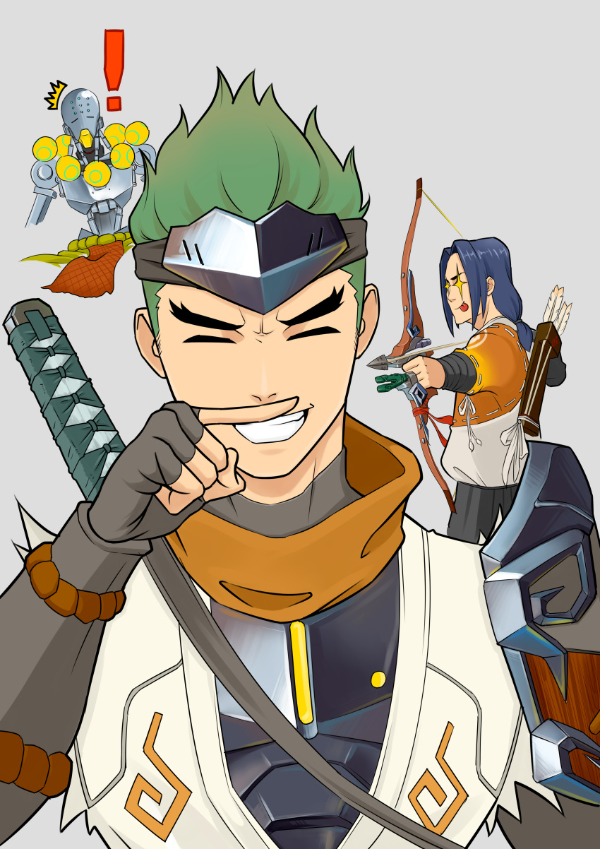 ! absurdres armor arrow_(projectile) blue_hair bow_(weapon) closed_eyes closed_mouth fingerless_gloves genji_(overwatch) gloves green_hair grey_background grey_gloves grey_headband hair_slicked_back hanzo_(overwatch) headband highres holding holding_bow_(weapon) holding_weapon katana long_hair overwatch pauldrons pointing_weapon quiver robot shoulder_armor simple_background single_pauldron smile sparkling_eyes sword teeth tongue tongue_out torn torn_clothes weapon weapon_on_back winterisland zenyatta_(overwatch)