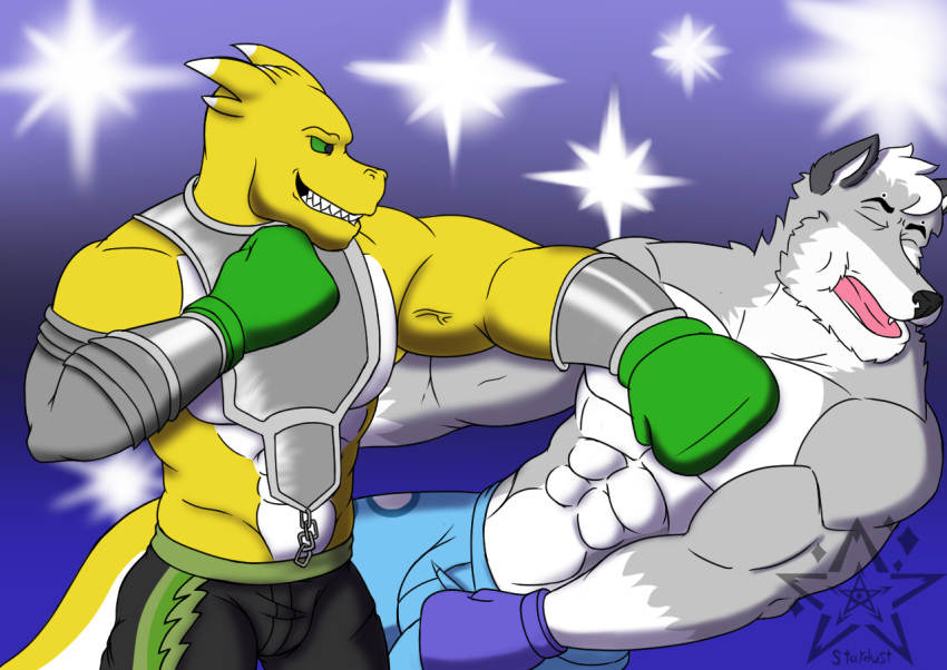 anthro armor armwear blue_bottomwear blue_clothing blue_shorts bottomwear boxing boxing_gloves canid canine canis clothing digital_drawing_(artwork) digital_media_(artwork) duo face_punch fafnir_stardust_(artist) fur green_sclera handwear male mammal multicolored_body multicolored_fur muscular muscular_male punch reptile scales scalie shaded shorts simple_background snake sport two_tone_body two_tone_fur two_tone_scalie wolf yellow_body yellow_scales