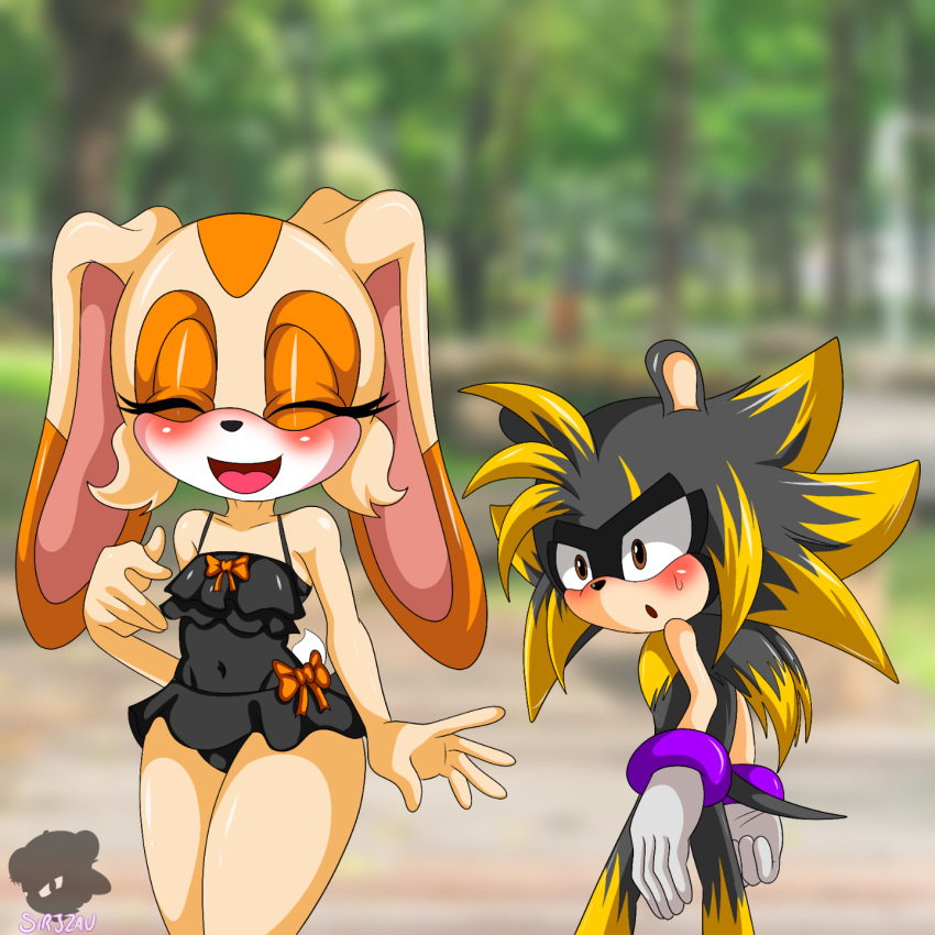 2022 afrosoricid anthro black_body black_clothing black_dress brown_eyes clothed clothing cream_the_rabbit dress duo fan_character female fur gloves gloves_only handwear handwear_only hi_res lagomorph leporid looking_at_another looking_back male male/female mammal meme mostly_nude open_mouth rabbit sega sirjzau smile sonic_the_hedgehog_(series) strand tenrec walking wide_hips yellow_body yellow_fur zau_the_tenrec