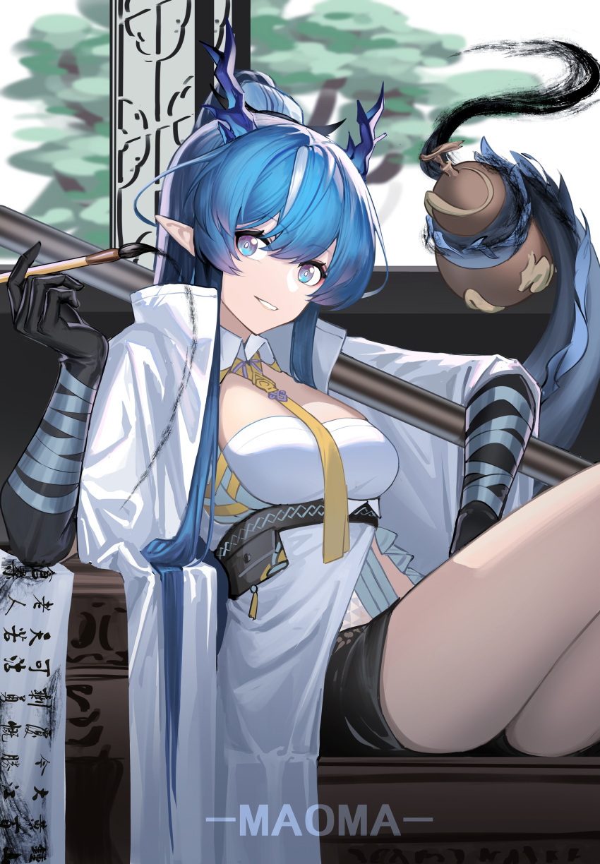 1girl 9_vcat :d absurdres arknights artist_name bangs black_gloves black_shorts blue_eyes blue_hair breasts calligraphy_brush character_name coat detached_collar dragon_girl dragon_horns dragon_tail elbow_gloves gloves gourd grin highres holding holding_with_tail horns ink ling_(arknights) long_hair long_sleeves looking_at_viewer medium_breasts multicolored_hair necktie open_clothes open_coat paintbrush parted_lips pointy_ears prehensile_tail shirt short_shorts shorts sitting smile solo streaked_hair tail thighs two-tone_hair white_coat white_hair white_shirt wide_sleeves yellow_necktie