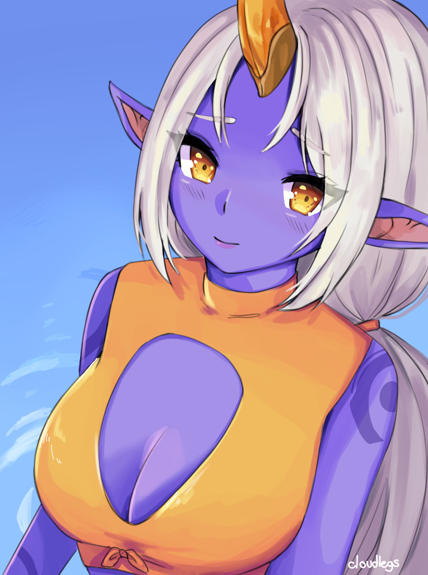 big_breasts blush breasts cleavage close-up clothed clothing cloudlegs dress female hair hi_res horn horned_humanoid humanoid humanoid_pointy_ears league_of_legends long_hair ponytail purple_body purple_skin riot_games smile solo soraka tattoo video_games water white_hair yellow_eyes