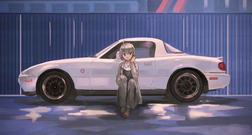 1girl ahoge brown_footwear car commentary_request eunos_roadster grey_hair ground_vehicle highres long_sleeves looking_at_viewer mazda momo_hiki motor_vehicle original outdoors personification shoes short_hair solo vehicle_focus