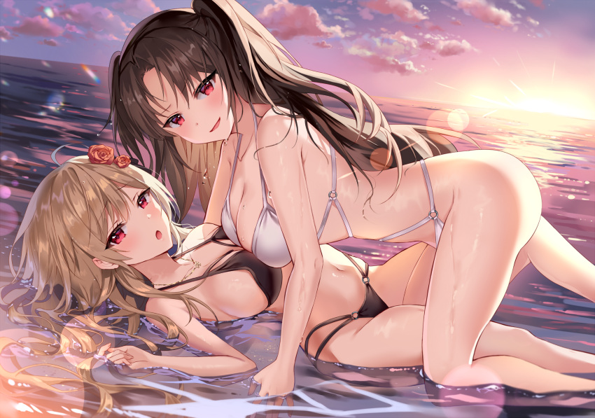 banned_artist beach bikini black_bikini black_hair blush breasts brown_hair flower hair_flower hair_ornament highres large_breasts long_hair looking_at_viewer lying mayo_(miyusa) o-ring o-ring_bikini on_back red_eyes smile swimsuit thighs white_bikini