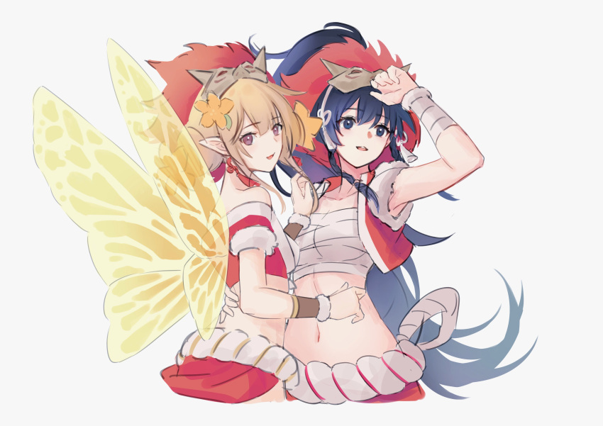 2girls absurdres arm_up bandages bare_shoulders blonde_hair blue_eyes blue_hair butterfly_wings chest_sarashi chinese_commentary commentary_request da-cart fire_emblem fire_emblem:_the_sacred_stones fire_emblem_heroes grey_background highres long_hair mask mask_on_head multiple_girls official_alternate_costume peony_(fire_emblem) pointy_ears ponytail purple_eyes red_vest sarashi simple_background strapless tana_(fire_emblem) tube_top unfinished upper_body very_long_hair vest wings wrist_wrap