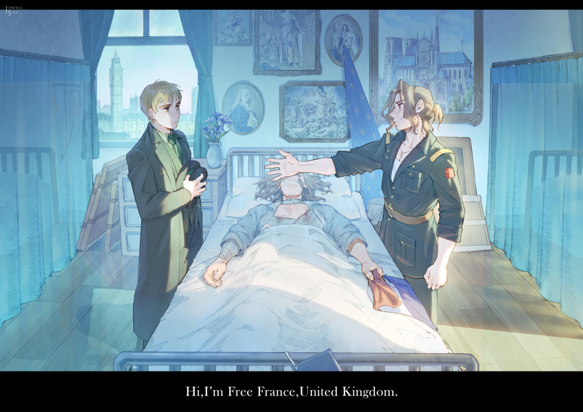 3boys artist_name axis_powers_hetalia bandaged_chest bed blonde_hair cross cross_necklace english_commentary english_text facial_hair flower france_(hetalia) green_eyes hat hat_on_chest highres jewelry jowell_she looking_at_another low_ponytail male_focus military military_uniform multiple_boys necklace outstretched_hand picture_(object) picture_frame pillow purple_eyes purple_flower short_hair smile stubble trench_coat uniform united_kingdom_(hetalia) vase window wooden_floor