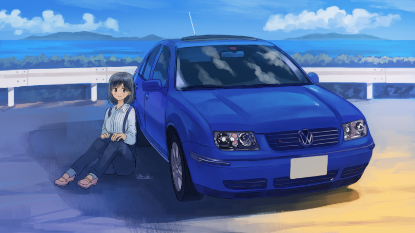 1girl black_eyes black_hair blue_pants blue_sky car closed_mouth cloud commentary_request day ground_vehicle guard_rail highres license_plate long_sleeves momo_hiki motor_vehicle mountainous_horizon ocean original outdoors pants personification shirt short_hair sitting sky smile solo vehicle_focus vehicle_request volkswagen white_shirt