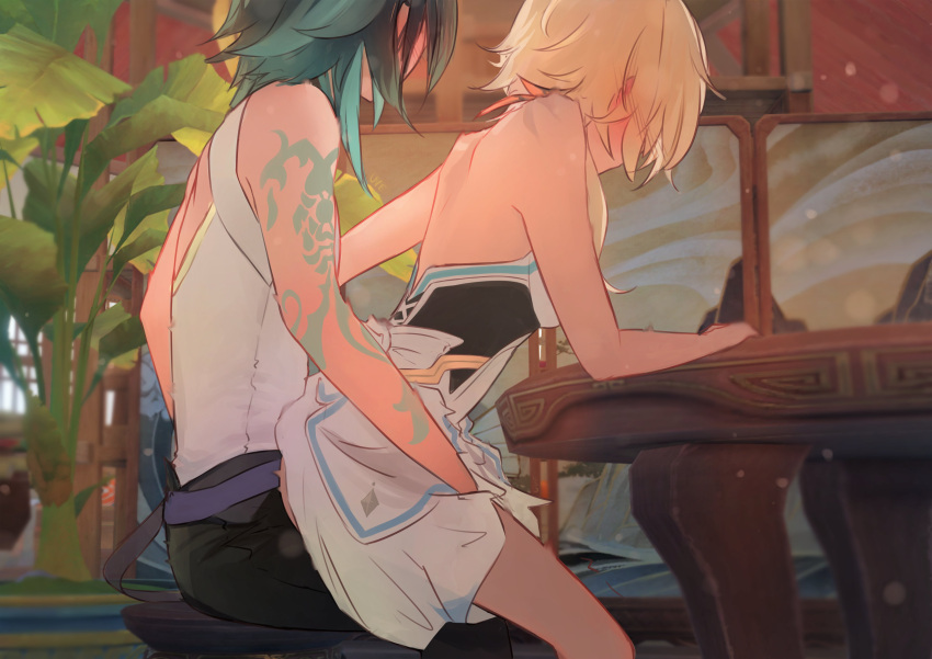 1boy 1girl absurdres arm_tattoo asymmetrical_clothes back backless_dress backless_outfit bare_shoulders black_hair black_pants blonde_hair blush clothes_lift dress dress_lift from_side genshin_impact green_hair hand_on_table hand_under_clothes hand_under_dress hetero highres huve_99 implied_sex leaning leaning_on_object lumine_(genshin_impact) multicolored_hair on_chair pants plant potted_plant short_hair short_hair_with_long_locks sidelocks sitting sitting_on_lap sitting_on_person strapless strapless_dress tattoo toned toned_male two-tone_hair white_dress xiao_(genshin_impact)