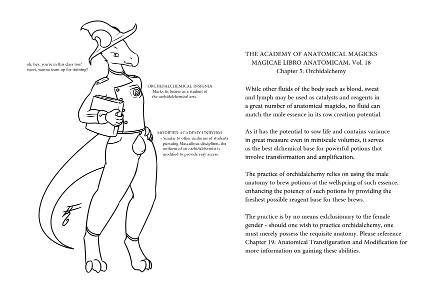 3_toes 5_fingers absurd_res anthro barefoot book bottomwear bulge clothing crotchless_bottomwear crotchless_clothing crotchless_pants dialogue english_text feet fingers hat headgear headwear hi_res holding_book holding_object keinga line_art lizard lore male pants reptile scalie signature solo standing text toes witch_hat wizard_hat