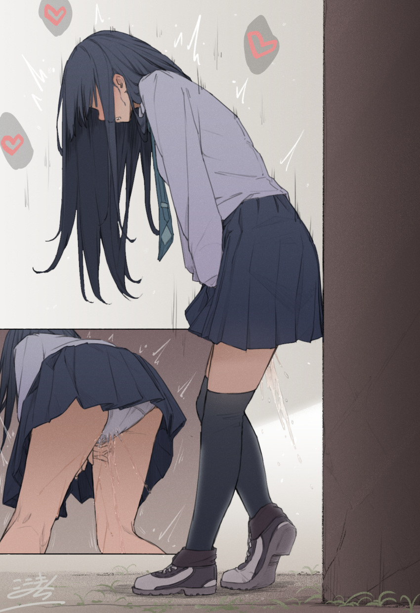 1girl artist_name ass bangs between_legs black_hair black_thighhighs blue_necktie blue_skirt blush breasts clenched_teeth commentary_request day ear_blush faceless faceless_female from_behind from_side full_body grass grey_background hand_between_legs have_to_pee heart heel_up highres kneepits kokomachi leaning_forward long_hair long_sleeves miniskirt multiple_views necktie nose_blush original outdoors own_hands_together panties pantyshot pee peeing peeing_self pleated_skirt school_uniform shirt shirt_tucked_in shoes sidelocks signature sketch skirt small_breasts speech_bubble spoken_heart standing teeth thighhighs trembling underwear upskirt white_panties white_shirt zettai_ryouiki