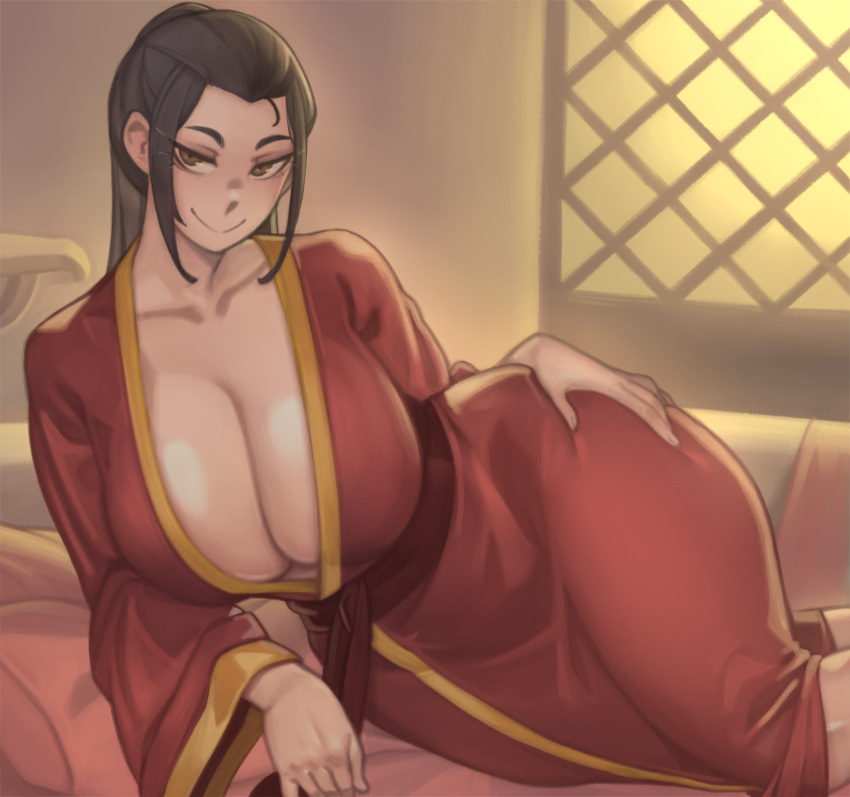 1girl absurdres avatar:_the_last_airbender avatar_(series) azula black_hair breasts brown_eyes cleavage closed_mouth highres huge_breasts kelvin_hiu long_hair long_sleeves looking_at_viewer no_bra seductive_smile sidelocks smile solo thick_thighs thighs wide_hips wide_sleeves