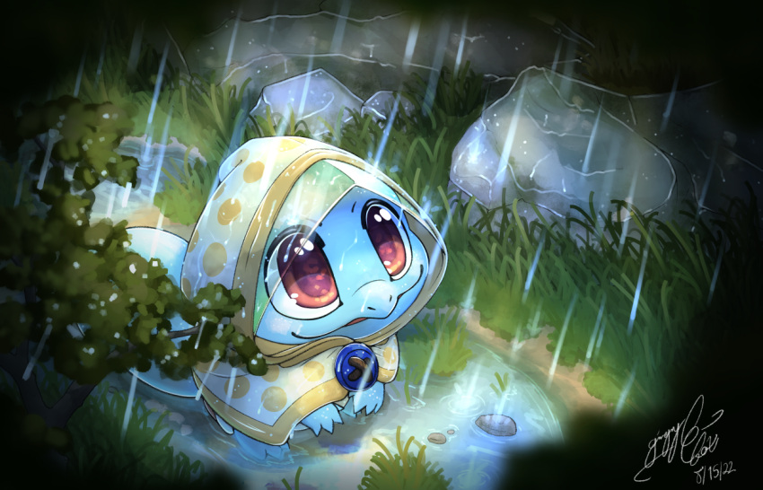 clothed clothing generation_1_pokemon gingy_k_fox nintendo outside pokemon pokemon_(species) puddles rain_jacket raining solo squirtle video_games