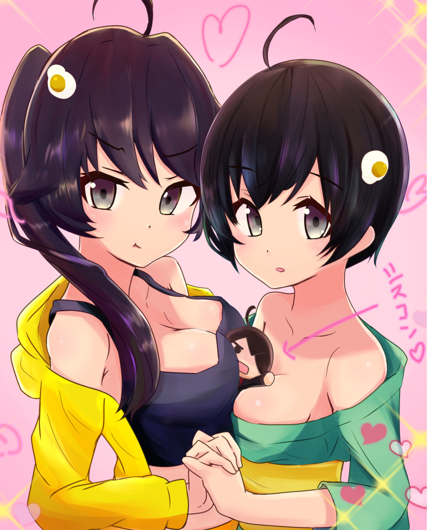 2girls araragi_karen araragi_koyomi araragi_tsukihi bakemonogatari black_eyes black_hair breasts cleavage closed_mouth egg_hair_ornament food-themed_hair_ornament hair_ornament highres long_hair looking_at_viewer miramira1908 monogatari_(series) multiple_girls nisemonogatari open_mouth short_hair siblings side_ponytail sisters