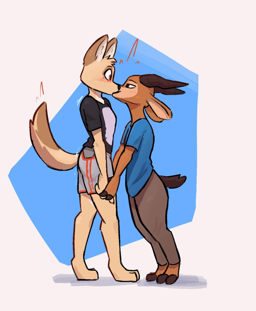 2022 antelope anthro anthro_on_anthro barefoot blue_background blush bottomwear bovid brown_body brown_fur canid canine canis chico_(fuel) clothed clothing digital_media_(artwork) enginetrap eye_contact feet female fully_clothed fur hi_res jackal kissing looking_at_another male male/female mammal pants shirt shorts simple_background t-shirt tan_body tan_fur topwear white_background