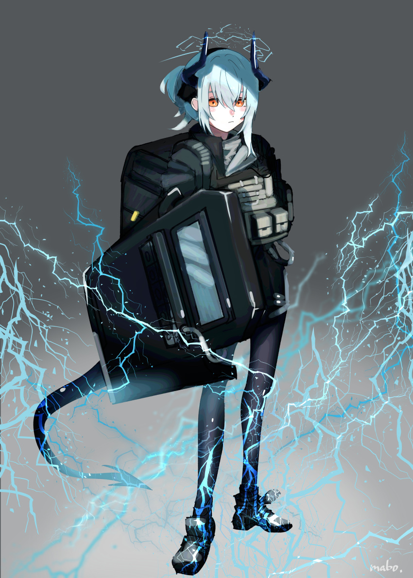 1girl :| absurdres antennae arknights backpack bag bangs black_footwear black_pantyhose black_shirt blue_hair boots closed_mouth dot_nose electricity expressionless full_body grab_pigeon grey_background hair_between_eyes halo headgear highres holding holding_shield light_blue_hair lightning liskarm_(arknights) liskarm_(overload)_(arknights) looking_at_viewer medium_hair official_alternate_costume orange_eyes pantyhose ponytail riot_shield shield shirt sidelocks signature solo standing