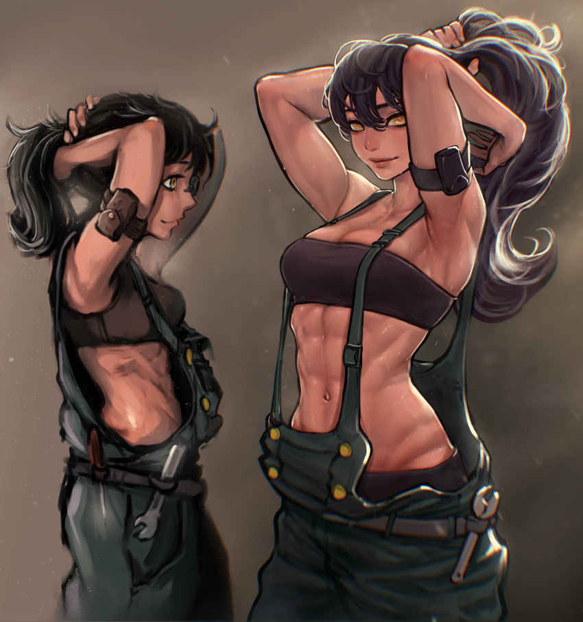 1girl abs absurdres ayaki_d black_hair breasts comparison highres long_hair looking_at_viewer medium_breasts midriff muscular muscular_female navel original overalls ponytail smile wrench yellow_eyes