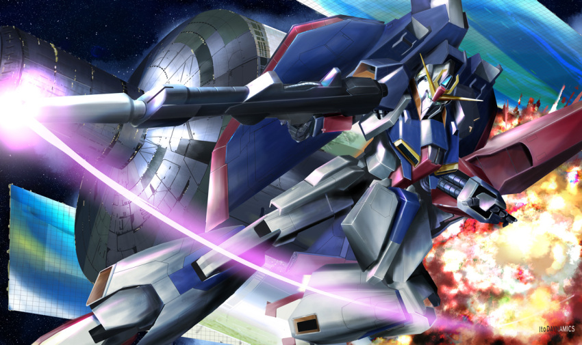 anaheim_electronics battle beam_rifle energy_beam energy_gun explosion firing gundam i.t.o_daynamics machinery mecha mobile_suit no_humans realistic robot science_fiction signature solar_panel space space_station starry_background weapon zero_gravity zeta_gundam zeta_gundam_(mobile_suit)