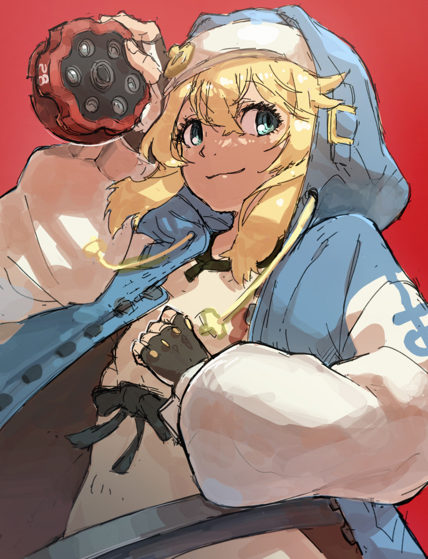 1boy absurdres androgyne_symbol blonde_hair blue_eyes bridget_(guilty_gear) clenched_hand closed_mouth fingerless_gloves gloves guilty_gear guilty_gear_strive highres hood hood_up hoodie light_smile male_focus medium_hair nendo23 nun otoko_no_ko red_background simple_background sketch solo yo-yo