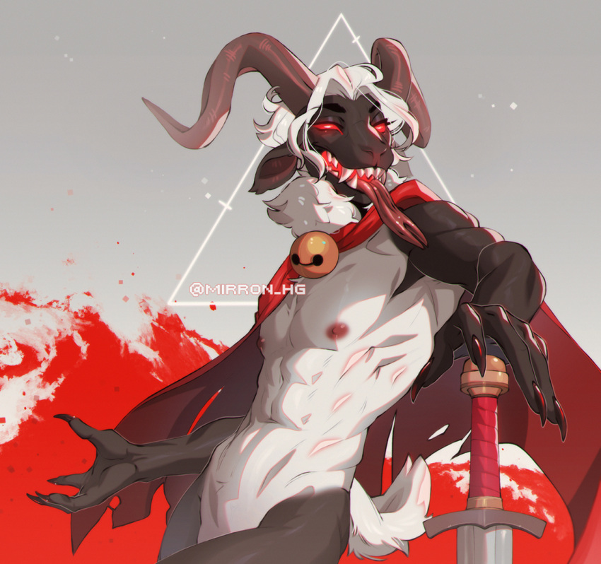 anthro bell big_horn bovid cape claws clothing cult_of_the_lamb fur glistening glowing glowing_eyes glowing_mouth horn lamb_(cult_of_the_lamb) long_tongue male mammal melee_weapon mirron_hg muscular muscular_anthro neck_tuft nipples red_eyes sharp_teeth shirtless shirtless_male small_tail solo sword tail_tuft teeth tongue torn_cape torn_clothing tuft twisted_horns weapon white_body white_fur