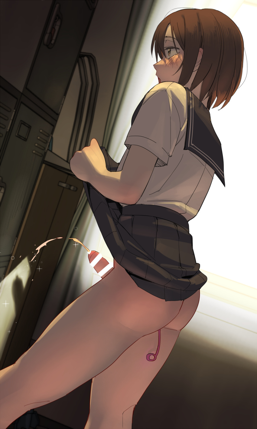 1boy anal anal_object_insertion aneros ass bottomless brown_hair clothes_lift crossdressing erection foreskin highres huaca lifted_by_self male_focus object_insertion open_clothes original otoko_no_ko peeing phimosis pleated_skirt prostate_massager sailor_collar school_uniform serafuku sex_toy short_hair skirt skirt_lift solo standing
