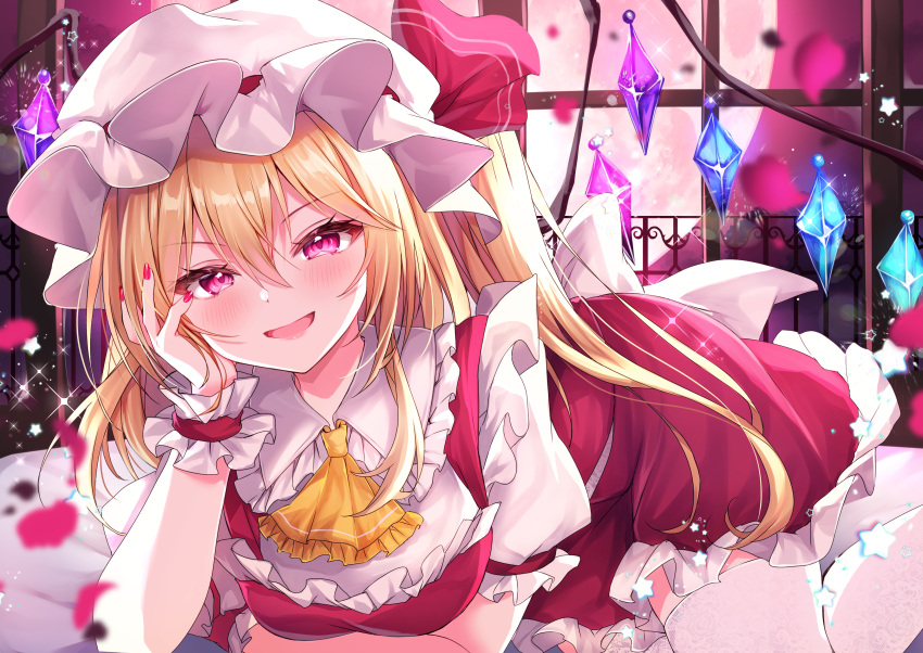 1girl :d absurdres ascot backlighting bangs blonde_hair blush breasts commentary_request crystal flandre_scarlet foot_out_of_frame frilled_shirt_collar frills hair_between_eyes hand_on_own_cheek hand_on_own_face hat head_rest highres indoors large_breasts mob_cap nail_polish nenobi_(nenorium) one_side_up open_mouth petals petticoat pink_eyes red_nails red_skirt red_vest ribbon short_sleeves skirt skirt_set smile solo sparkle star_(symbol) thighhighs touhou vest white_headwear white_thighhighs window wings yellow_ascot