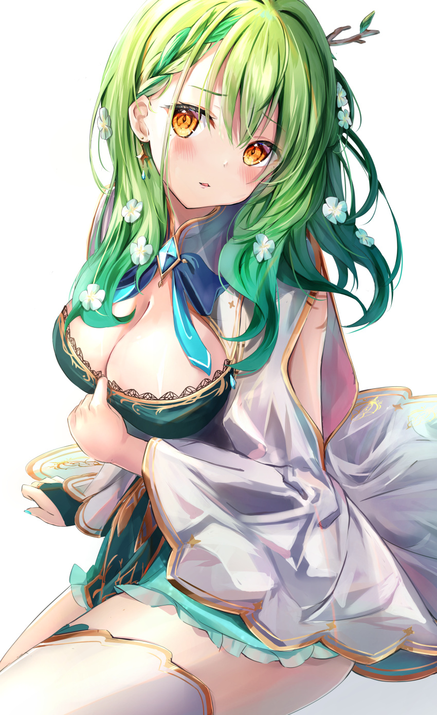 1girl absurdres amulet antlers blush braid breasts ceres_fauna cleavage dress french_braid green_hair highres hololive hololive_english large_breasts long_hair mihasu open_mouth parted_lips simple_background sitting solo virtual_youtuber white_background yellow_eyes zettai_ryouiki