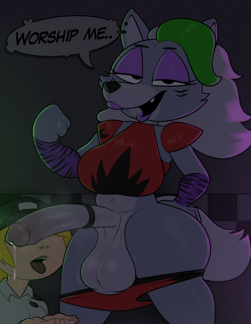 absurd_res anthro arm_warmers armwear balls bedroom_eyes big_balls big_breasts big_penis black_eyes blonde_hair bodily_fluids bottomwear bottomwear_down breasts canid canine canis chipchell clothing crossgender duo ear_piercing english_text female five_nights_at_freddy's five_nights_at_freddy's:_security_breach ftg_crossgender fti_crossgender genital_fluids genitals green_hair grey_body gynomorph hair hat headgear headwear hi_res human intersex intersex/female looking_at_viewer mammal multicolored_hair narrowed_eyes navel open_mouth penile penis penis_worship piercing precum roxanne_wolf_(fnaf) scottgames seductive shoulder_pads speech_bubble text thick_thighs tongue tongue_out topwear two_tone_hair vanessa_(fnaf) video_games white_body white_hair white_skin wolf