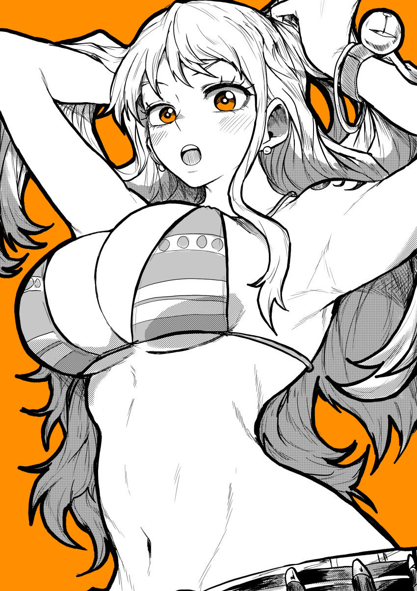 1girl :o absurdres arm_tattoo armpits arms_up bikini bikini_top_only blush bracelet breasts cleavage commentary ear_piercing eyelashes hand_in_own_hair highres jewelry large_breasts log_pose long_hair looking_at_viewer monochrome nami_(one_piece) navel one_piece open_mouth orange_background orange_eyes piercing solo spot_color standing stomach string_bikini swimsuit tattoo upper_body yotsumi_shiro