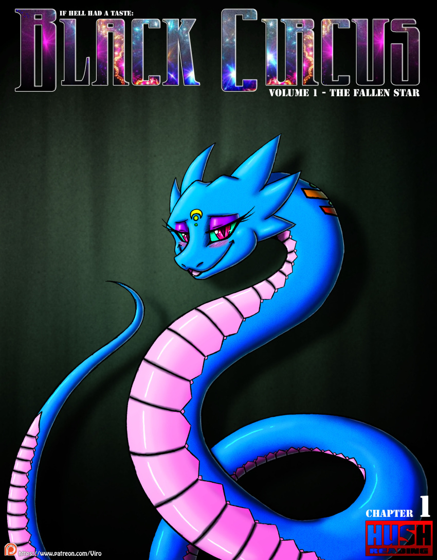 2017 absurd_res bedroom_eyes black_circus blue_body blue_scales blush comic cover cover_art cover_page english_text eyeshadow female feral hi_res jo-ann_wolf makeup multicolored_body multicolored_scales narrowed_eyes open_mouth pink_body pink_scales red_eyes reptile scales scalie seductive snake solo teal_sclera text two_tone_body two_tone_scales viroveteruscy
