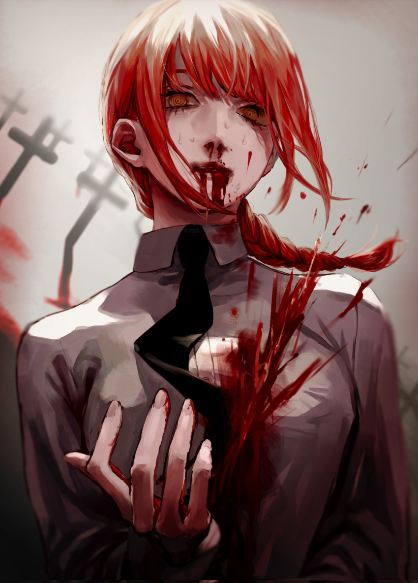 1girl black_necktie blood blood_from_mouth blood_on_clothes blood_on_face blood_on_hands braid braided_ponytail breasts chainsaw_man collared_shirt cross fingernails formal highres looking_at_viewer makima_(chainsaw_man) medium_breasts momota_ro5555 necktie nosebleed office_lady open_mouth red_hair ringed_eyes shirt sidelocks solo tombstone white_shirt yellow_eyes