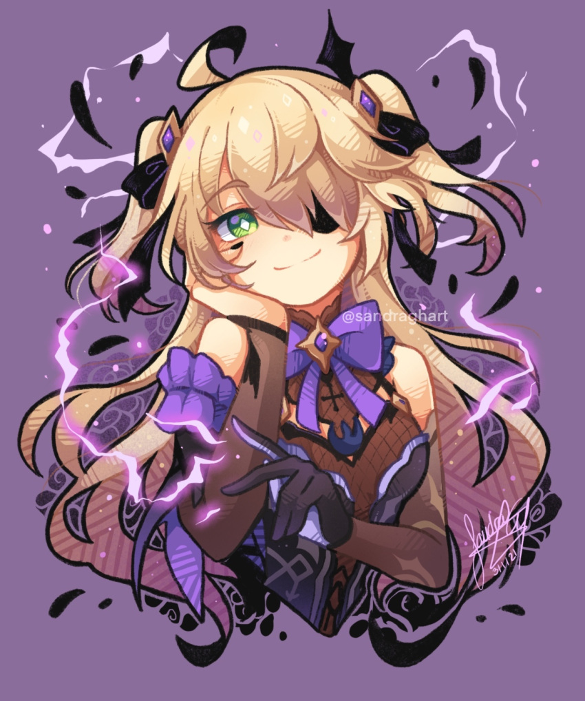 1girl black_nails blonde_hair bodystocking bow bowtie diamond-shaped_pupils diamond_(shape) eyepatch fischl_(genshin_impact) genshin_impact gloves green_eyes hair_over_one_eye highres purple_bow purple_bowtie sandragh single_glove solo symbol-shaped_pupils two_side_up