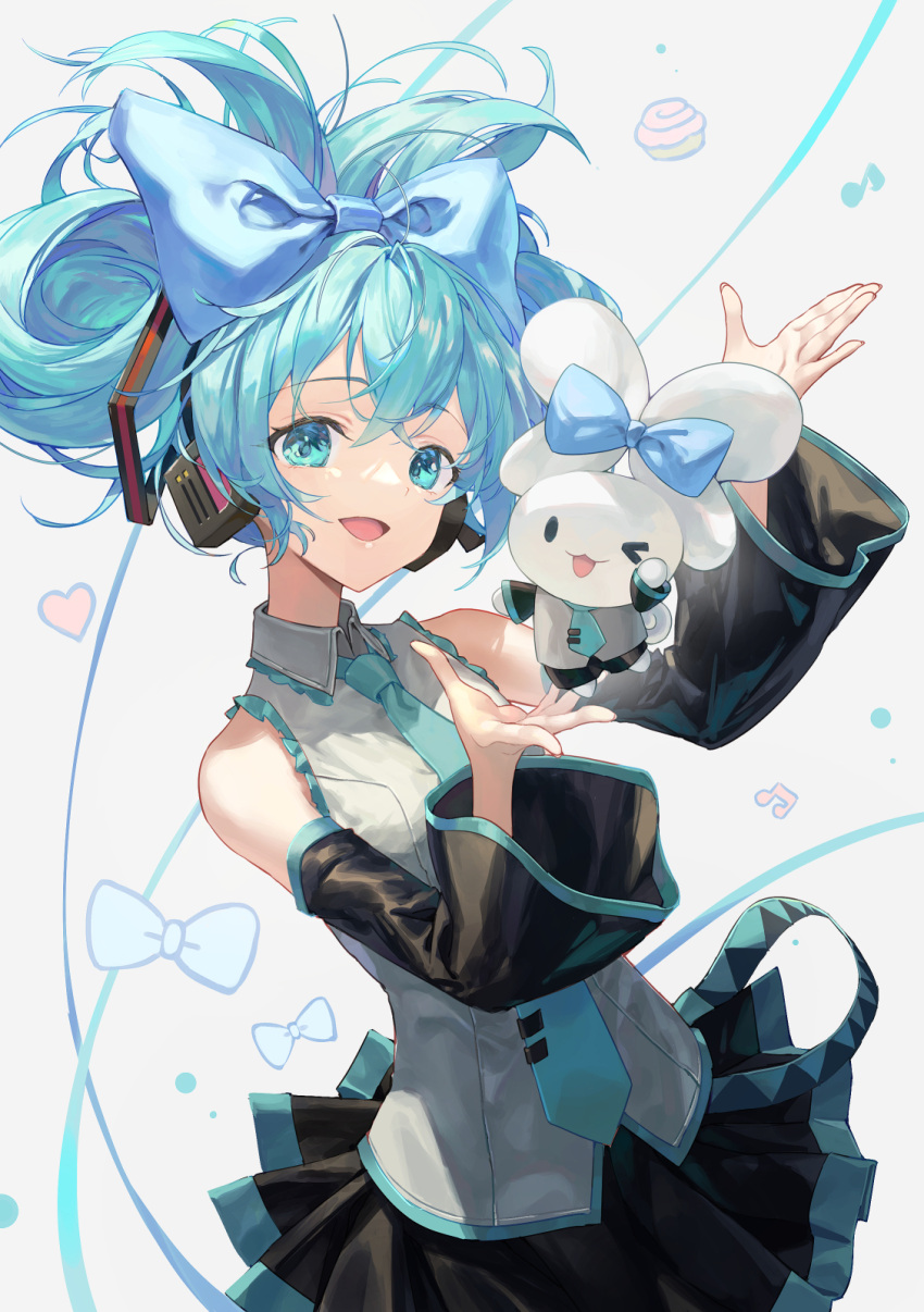 1girl aqua_bow aqua_eyes aqua_hair aqua_nails aqua_necktie bare_shoulders black_sleeves blue_bow borrowed_hairstyle bow cinnamiku cinnamoroll cosplay creature crossover double_bun ear_bow folded_twintails grey_shirt hair_bow hair_bun hair_rings hatsune_miku hatsune_miku_(cosplay) highres holding holding_creature kyou-chan looking_at_viewer matching_outfit necktie pleated_skirt sanrio shirt skirt tie_clip tied_ears updo vocaloid