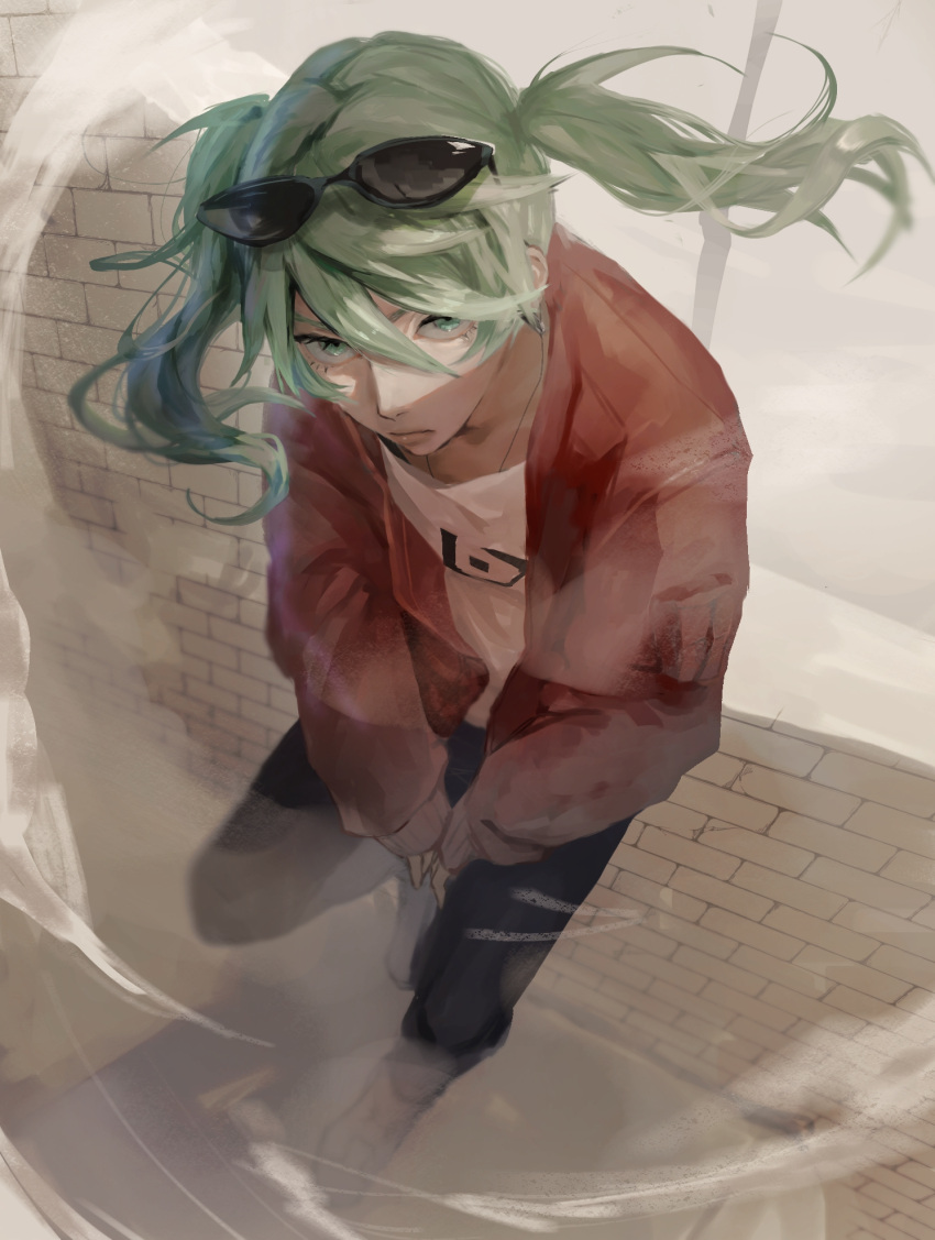 1girl aqua_eyes aqua_hair black_pants brick_wall commentary desert dust eyewear_on_head hair_between_eyes hatsune_miku highres jacket long_hair looking_at_viewer momota_ro5555 pants red_jacket sand shirt sitting solo suna_no_wakusei_(vocaloid) sunglasses twintails vocaloid white_shirt