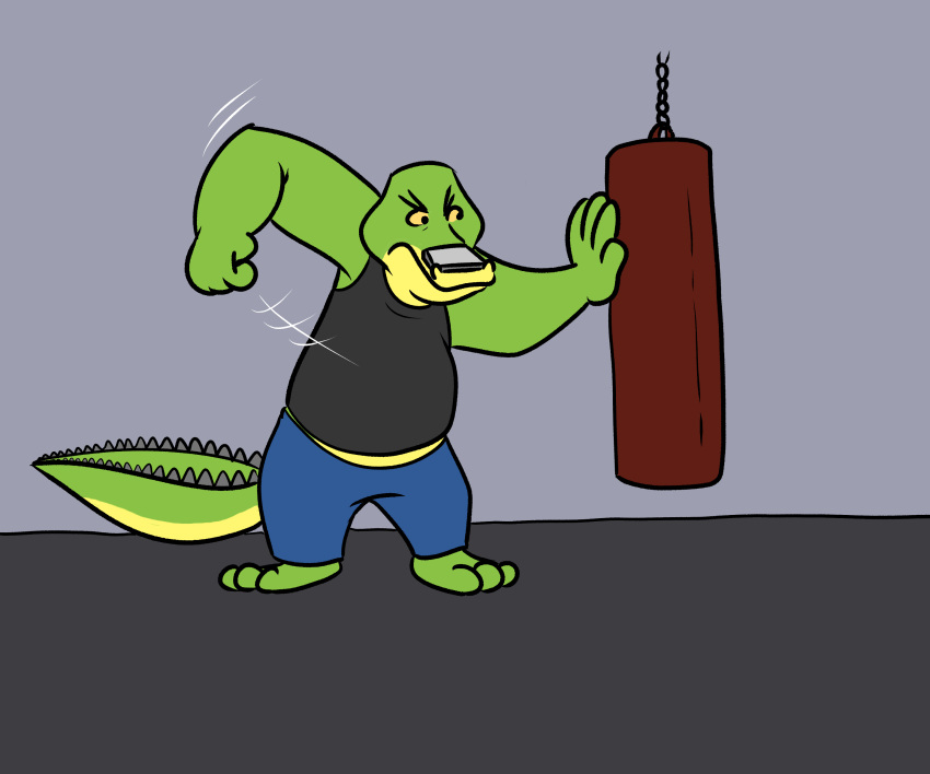 2021 4_fingers alligator alligatorid anthro bottomwear brok_(character) brok_the_investigator clothing crocodilian fingers green_body hi_res humanoid_hands male pants punching_bag reptile scalie shirt sobieniak solo topwear