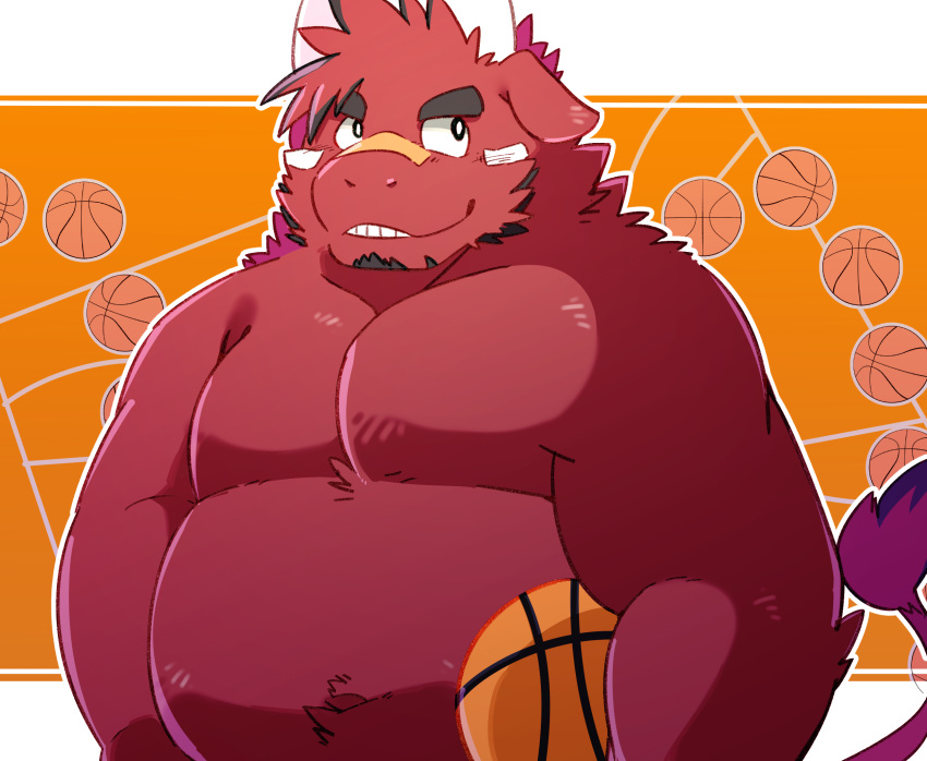 2022 anthro ball basketball_(ball) belly big_belly biped bovid bovine cattle green_bell hi_res kemono male mammal overweight overweight_male red_body solo