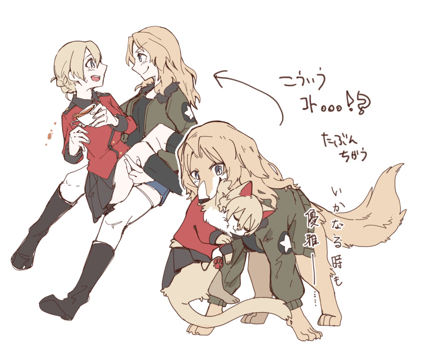 2girls animalization arrow_(symbol) bangs black_footwear black_shirt black_skirt blonde_hair blue_eyes blue_shorts boots braid brown_jacket carrying cat closed_eyes closed_mouth commentary cup darjeeling_(girls_und_panzer) dog emblem girls_und_panzer hasekura_(hachinochun) highres holding holding_cup jacket kay_(girls_und_panzer) long_hair long_sleeves looking_at_another military military_uniform miniskirt multiple_girls multiple_views open_mouth pleated_skirt princess_carry red_jacket saunders_military_uniform shirt short_hair short_shorts shorts simple_background sketch skirt smile spilling st._gloriana's_military_uniform standing star_(symbol) tea teacup thighhighs translated uniform white_background