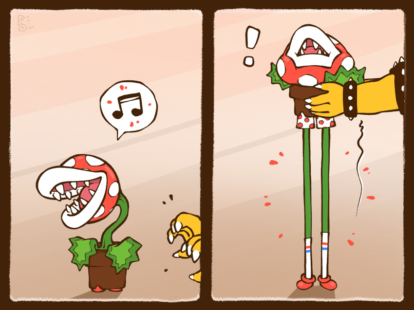 ! 2018 4:3 ambiguous_focus ambiguous_gender bowser boxers_(clothing) bracelet claws clothed clothing comic eyeless flora_fauna footwear hainlich hi_res humor jewelry king koopa legwear long_legs mario_bros musical_note nintendo open_mouth piranha_plant plant potted_plant pottery royalty scalie sharp_claws sharp_teeth shoes smile socks solo_focus spiked_bracelet spikes spotted_boxers spotted_clothing spotted_underwear standing teeth tongue underwear video_games