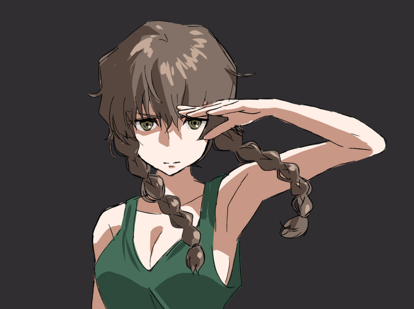 1girl amane_suzuha black_background braid breasts brown_eyes brown_hair cleavage closed_mouth cosplay floating_hair green_tank_top gundam gundam_wing hair_between_eyes heero_yuy heero_yuy_(cosplay) kuuma25_kuma large_breasts looking_at_viewer low_twin_braids salute science_adventure simple_background solo split_mouth steins;gate tank_top twin_braids upper_body