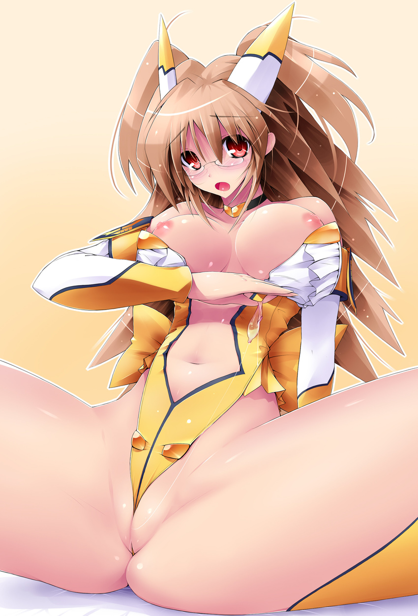 absurdres breasts brown_hair condom diol_twee glasses highres large_breasts leotard navel nipples otomedius pussy red_eyes revealing_clothes scatter_milk solo spread_legs thick_thighs thighs wedgie yellow_leotard