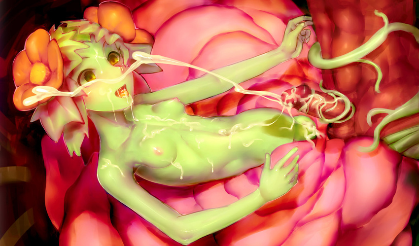 1girl abs ahobaka breasts bukkake censored consensual_tentacles cum cum_on_body cum_on_breasts cum_on_upper_body ejaculation facial flower green_eyes green_skin hair_flower hair_ornament happy happy_facial happy_sex hetero lying monster_girl mosaic_censoring muscle navel nipples nude on_back original penis plant plant_girl red_skin skinny small_breasts smile solo_focus tailjob tentacles vines