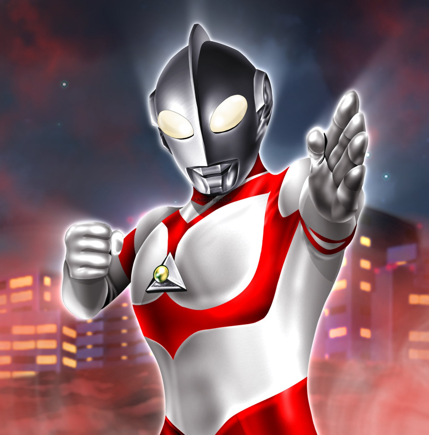 1boy aiming aiming_at_viewer alien building city city_lights cityscape clenched_hand color_timer colored_skin colored_smoke commentary compound_eyes dorsal_fin fighting_stance giant giant_male glowing glowing_eyes gradient_eyes hand_up hanejidyna86 highres looking_at_viewer male_focus multicolored_eyes multicolored_skin muscular muscular_male night no_pupils outdoors outstretched_arm outstretched_hand pectorals red_skin silver_skin smoke solo tokusatsu twitter_username two-tone_skin ultra_series ultraman:_towards_the_future ultraman_great upper_body white_eyes white_skin