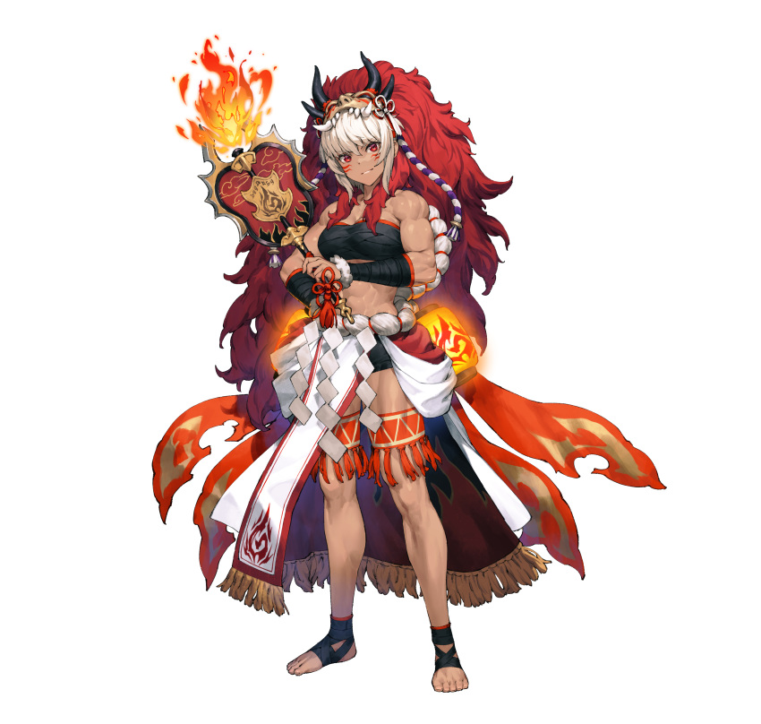 1girl absurdres bandages bandeau bangs bare_legs bare_shoulders breasts chest_sarashi cozy facial_mark fire fire_emblem fire_emblem_fates fire_emblem_heroes flame full_body hair_between_eyes hand_fan head_tilt highres holding holding_fan long_hair looking_at_viewer mask mask_on_head medium_breasts midriff multicolored_hair muscular muscular_female official_alternate_costume official_art paper_fan red_eyes red_hair rinkah_(fire_emblem) sarashi simple_background skirt smile solo standing stomach strapless thigh_strap tube_top two-tone_hair uchiwa very_long_hair whisker_markings white_background white_hair white_skirt