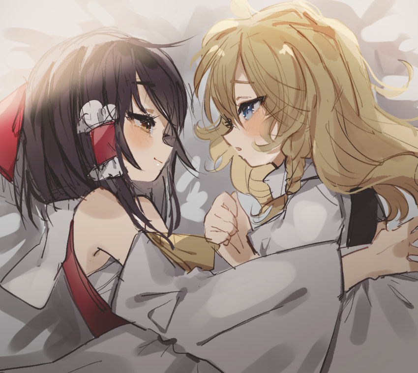 2girls ascot black_hair black_vest blonde_hair blue_eyes blush bow braid brown_eyes closed_mouth collared_shirt detached_sleeves frilled_hair_tubes frills hair_tubes hakurei_reimu japanese_clothes kirisame_marisa long_hair looking_at_another medium_hair miko multiple_girls no_headwear open_mouth puffy_short_sleeves puffy_sleeves red_bow red_shirt sarashi shirt short_sleeves sidelocks single_braid sleeveless sleeveless_shirt smile sorani_(kaeru0768) touhou turtleneck upper_body vest white_shirt white_sleeves wide_sleeves yellow_ascot