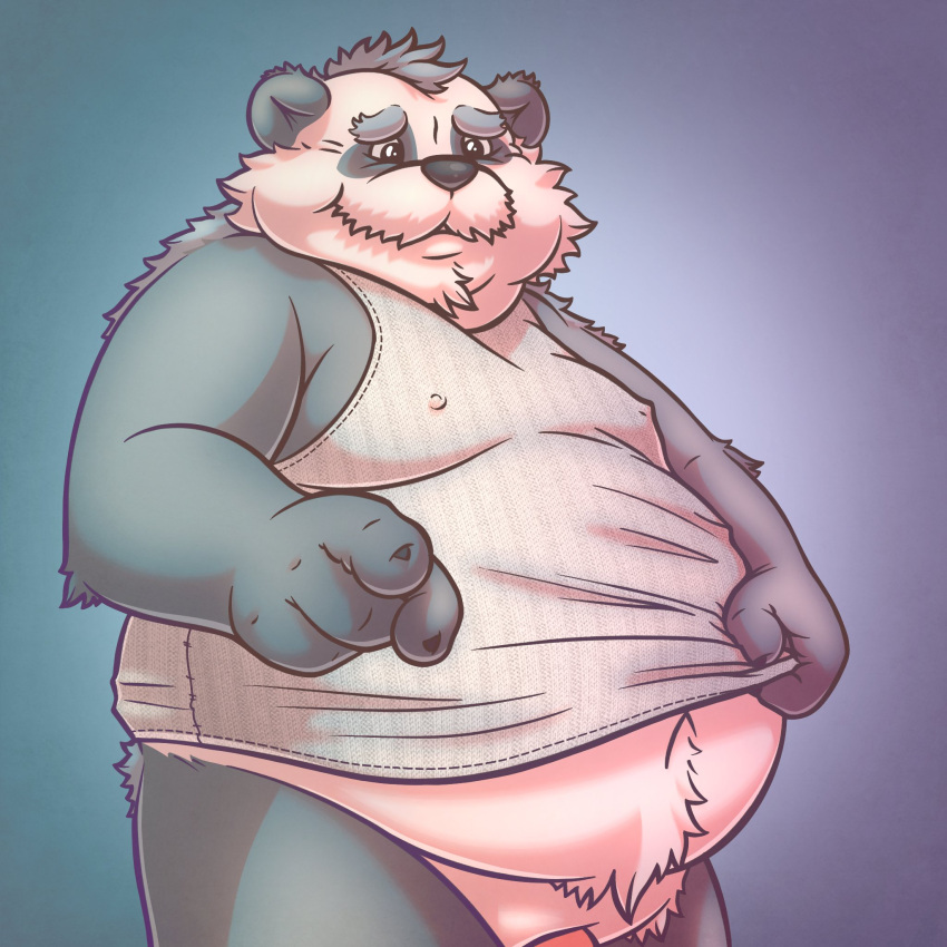 1:1 2022 anthro belly big_belly clothing genitals giant_panda hi_res humanoid_hands korndoggychub male mammal mature_male overweight overweight_male penis shirt simple_background solo topwear ursid