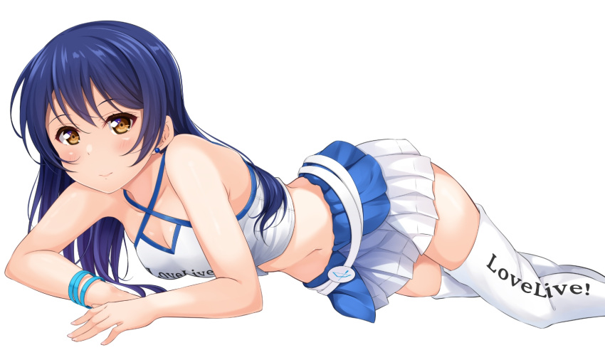 1girl arm_rest bangs blue_hair blush bracelet breasts cleavage closed_mouth clothes_writing commentary criss-cross_halter crop_top dark_blue_hair earrings feet_out_of_frame halterneck highres hino_minato_(spec.c) jewelry long_hair looking_at_viewer love_live! love_live!_school_idol_project lying miniskirt on_stomach orange_eyes pleated_skirt race_queen simple_background skirt sleeveless solo sonoda_umi stud_earrings tank_top thighhighs white_background white_skirt white_tank_top white_thighhighs