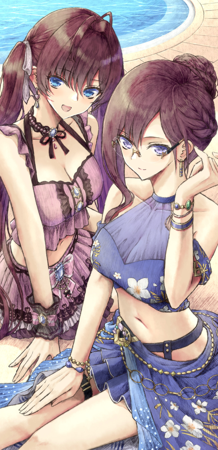 2girls absurdres ahoge aramachi bikini blue_bikini blue_eyes bracelet braid breasts brown_hair cleavage collarbone french_braid frilled_bikini frills hair_bun highres ichinose_shiki idolmaster idolmaster_cinderella_girls jewelry looking_at_viewer multiple_girls outdoors photoshop_(medium) pink_bikini pool purple_eyes rimless_eyewear single_hair_bun single_sidelock smile swimsuit thighhighs twintails yagami_makino