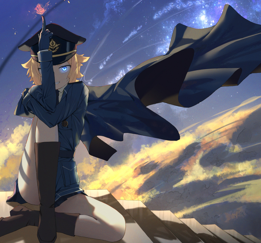 1girl black_necktie black_skirt blonde_hair blue_eyes blue_headwear blue_jacket boots brown_footwear chris_westland cloak fire glowing glowing_eyes hat hidulume highres jacket kinsou_no_vermeil knee_boots looking_at_viewer medium_hair military military_hat necktie school_uniform shirt sitting skirt smile solo stairs thighs uniform white_shirt