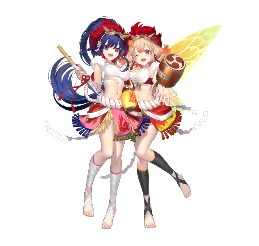 2girls :d ;d absurdres bandaged_leg bandages bangs blonde_hair blue_eyes blue_hair breasts chest_sarashi fire_emblem fire_emblem:_the_sacred_stones fire_emblem_heroes full_body fur_trim highres holding holding_polearm holding_weapon large_breasts long_hair looking_at_viewer mashima_saki_(mashimasa) mask mask_on_head midriff miniskirt multiple_girls navel official_alternate_costume official_art one_eye_closed open_mouth peony_(fire_emblem) pink_skirt polearm ponytail purple_eyes red_skirt rope_belt sarashi simple_background skirt smile spear standing stomach strapless tana_(fire_emblem) tube_top very_long_hair weapon white_background wrist_wrap