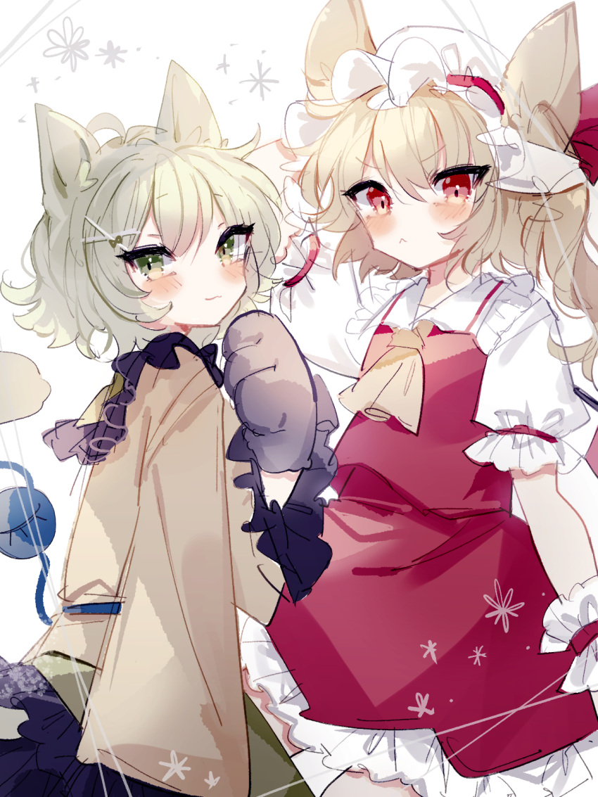 2girls :&lt; :3 animal_ears animal_hands ascot bangs blonde_hair blouse blush cat_ears closed_mouth collared_shirt cowboy_shot crystal eyeball flandre_scarlet frilled_shirt_collar frilled_skirt frilled_sleeves frills gloves green_eyes green_skirt hair_between_eyes hat highres komeiji_koishi light_green_hair long_sleeves looking_at_viewer mob_cap multiple_girls one_side_up paw_gloves puffy_short_sleeves puffy_sleeves red_eyes red_skirt red_vest shirt short_hair short_sleeves simple_background skirt skirt_set sorani_(kaeru0768) third_eye touhou v-shaped_eyebrows vest wavy_hair white_background white_headwear white_shirt wide_sleeves wings wrist_cuffs yellow_ascot yellow_shirt